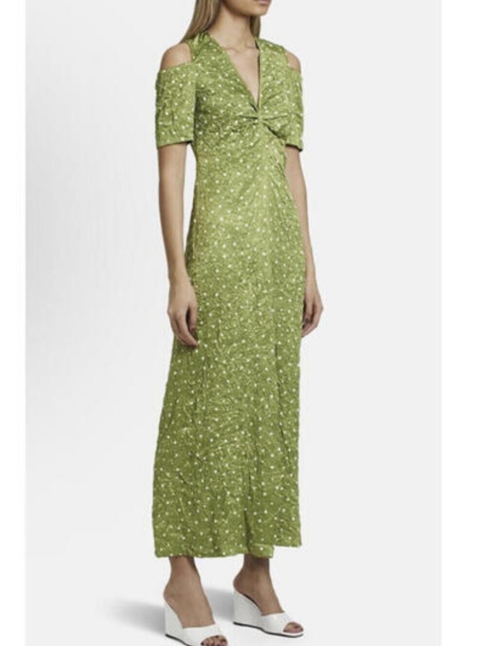 GANNI Green Polka Dot Cold Shoulder Midi Dress Size 34 US 4 V Neck Satin NWOT
